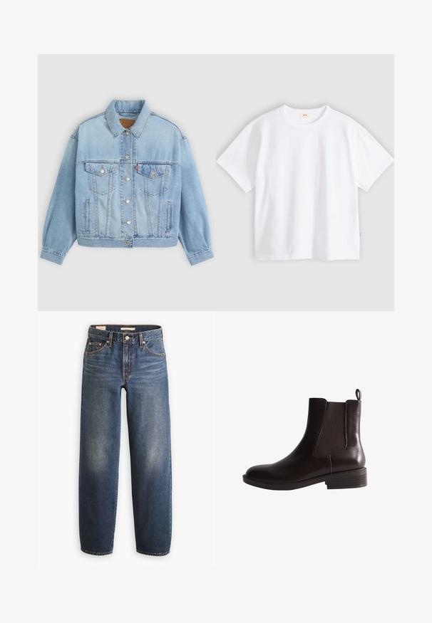 Lys blå denimjakke med klassisk krave, knaplukning, to brystlommer, afslappet pasform og synlige syningsdetaljer.; Hvid bomuld t-shirt med korte ærmer, rund hals, afslappet pasform, glat tekstur og en lille logolabel på venstre sidesøm.; Mørkeblå denimjeans med en straight-leg design, der har fem lommer, kobbernitter og diskret falmning på lårene.; Mørkebrun læderankelstøvle med elastisk sidepanel, lav stablet hæl og trækstrop bagpå.