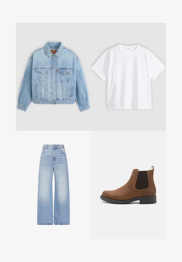 Lys blå denimjakke med klassisk krave, knaplukning, to brystlommer, afslappet pasform og synlige syningsdetaljer.; Hvid bomuld t-shirt med korte ærmer, rund hals, afslappet pasform, glat tekstur og en lille logolabel på venstre sidesøm.; Lyseblå højtaljede jeans med vidde i benene, lukkes foran med knapper og lynlås, for- og baglommer samt en let slidt detalje på højre lomme.; Brune læder Chelsea støvler med elastiske sidelapper, rund tå, pull tab og struktureret sort gummisål med slidbanemønstre.