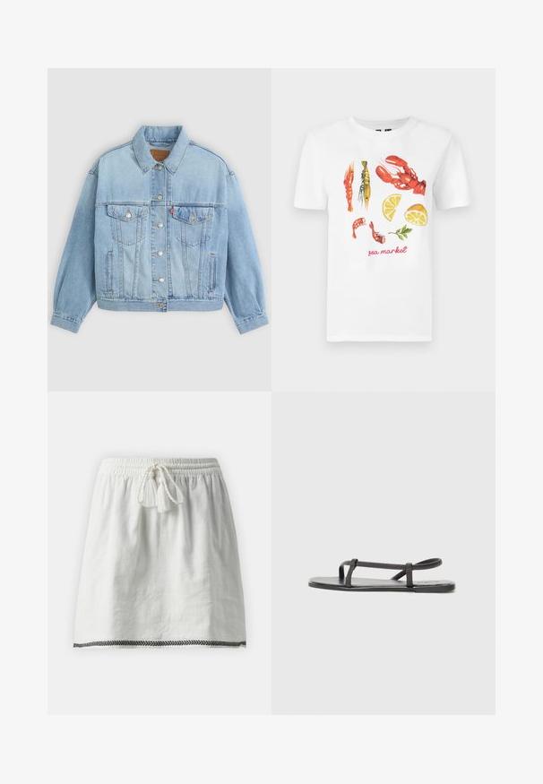Lys blå denimjakke med klassisk krave, knaplukning, to brystlommer, afslappet pasform og synlige syningsdetaljer.; Hvid bomulds T-shirt med et trykt design af røde hummer, rejer og citron skiver, samt teksten "sea market" i rød.; Hvid linned nederdel med elastisk talje og snøre, med sort vævet kant ved sømmen og et let, struktureret stof.; Sorte flade sandaler med tynde, teksturerede stropper og et minimalistisk design. Sålen er glat, og den overordnede form er slank og underspillet.