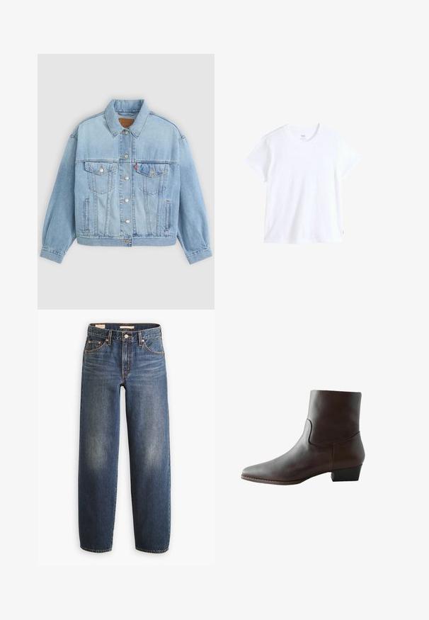 Chaqueta de mezclilla azul clara con un collar clásico, cierre de botones, dos bolsillos en el pecho, corte relajado y costuras visibles.; Camiseta blanca de algodón con mangas cortas, escote redondo y bajo recto. Presenta una pequeña etiqueta con logo rojo en el lado inferior izquierdo.; Vaqueros de mezclilla azul oscuro con diseño de pierna recta, que cuentan con cinco bolsillos, remaches de cobre y un sutil desgaste en los muslos.; Botín de cuero marrón oscuro con tacón bajo de bloque y punta puntiaguda, mostrado de lado sobre un fondo blanco.