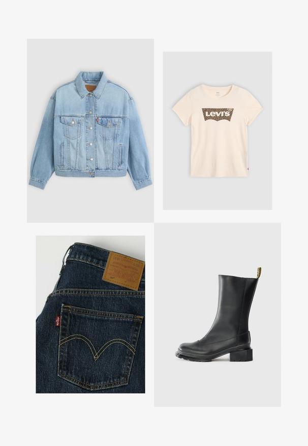 Lys blå denimjakke med klassisk krave, knaplukning, to brystlommer, afslappet pasform og synlige syningsdetaljer.; Cremefarvet bomulds T-shirt med korte ærmer, der har et leopardprintet Levi's-logo på fronten. Stoffet ser glat og blødt ud.; Mørkeblå Levi’s jeans, der viser baglommen med gul syning og et brunt Levi Strauss læderlabel på linningen.; Sort læder ankelstøvle med blokhæl, glat tekstur, rund tå og en hælflap med gul branding.