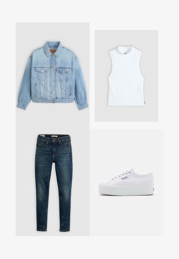 Hellblaue Jeansjacke mit klassischem Kragen, Knopfverschluss, zwei Brusttaschen, lässiger Passform und sichtbaren Nähten.; Weißes ärmelloses Baumwolltop mit hohem Rundhalsausschnitt und kleinem Levi's-Label an der Seite, auf hellgrauem Hintergrund dargestellt.; Dunkelblaue Slim-Fit-Jeans mit Frontknopf und Reißverschluss, Fünf-Pocket-Design und dezenten verblassten Details an Oberschenkeln und Knien.; Weiße Leinenschuhe mit einer dicken weißen Plattformsohle, runder Zehenpartie und Metallösen für die Schnürsenkel. Markenlogo an der Seite angebracht.