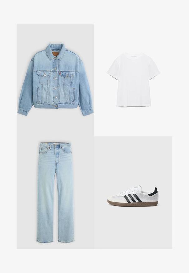 Lichtblauwe denim jacket met een klassieke kraag, knoopsluiting, twee borstzakken, een ontspannen pasvorm en zichtbare stiksels.; Effen wit T-shirt met korte mouwen en ronde hals, met een rechte zoom, gepresenteerd tegen een witte achtergrond.; Lichtblauwe denim jeans met een recht model, voorzien van vijf zakken, een klassieke ritsopening en zichtbare stikselaccenten.; Witte mesh sneaker met zwarte strepen, beige suède neuskapje en hielaccent, gestructureerde rubberen zool en witte veters. Klassiek ontwerp met lage schacht.