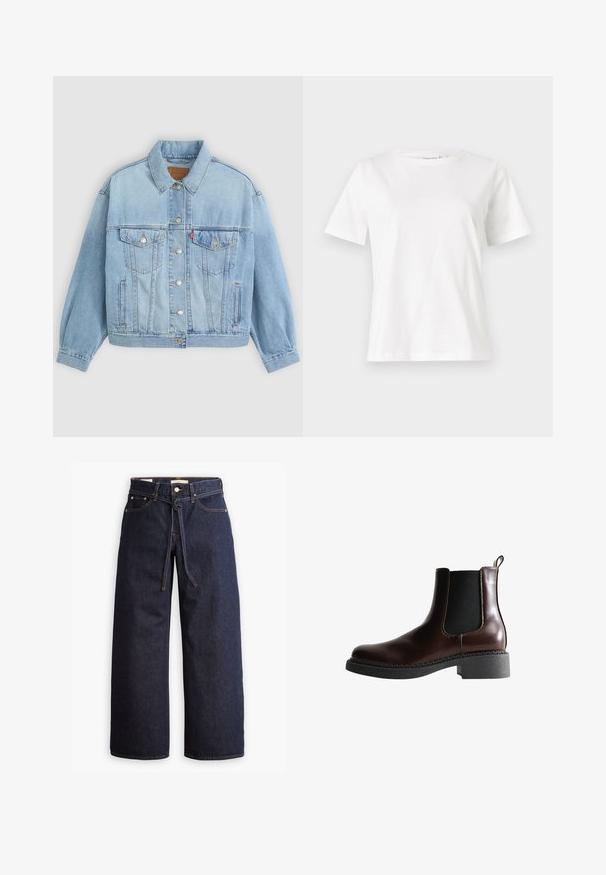 Lys blå denimjakke med klassisk krave, knaplukning, to brystlommer, afslappet pasform og synlige syningsdetaljer.; Hvid bomulds t-shirt med korte ærmer, rund halsudskæring og en afslappet pasform. Glat tekstur, ingen mønstre eller accenter, minimalistisk design.; Bredde ben mørkeblå denim jeans med høj talje, der har snoretræk, fem lommer og kontrastsyet detaljer.; Brune læder ankelstøvle med elastiske sidepaneler, rund tå og en struktureret sort gummisål. Har kontrasterende syninger og en trækflap.