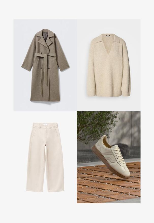Manteau long en laine beige doux avec un col cranté, une fermeture croisée à boutons, une ceinture à la taille et des poches latérales. Tissu texturé.; Pull en tricot beige avec un col en V et un col, présentant des manches relâchées et des poignets côtelés. Texture douce avec une finition légèrement duveteuse.; Pantalon beige à jambes larges avec poches avant, passants pour ceinture et fermeture par bouton, présenté à plat sur un fond blanc.; Baskets couleur crème avec une semelle extérieure en caoutchouc beige texturée, un design à lacets et un marquage subtil sur le côté. Tige en cuir lisse.