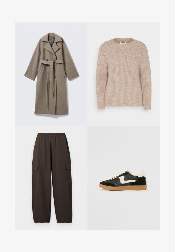 Manteau long en laine beige doux avec un col cranté, une fermeture croisée à boutons, une ceinture à la taille et des poches latérales. Tissu texturé.; Pull en tricot beige avec un col rond, texture côtelée et manches longues. Fabriqué en matériau doux, présentant une coupe décontractée avec un minimum de détails.; Pantalon cargo marron avec une taille élastique, deux poches latérales et une coupe ample. Fabriqué en tissu léger, avec une texture lisse.; Baskets en daim et cuir noir avec un swoosh latéral crème et un talon crème clair. Dotées de lacets beige et d'une semelle en caoutchouc gomme.