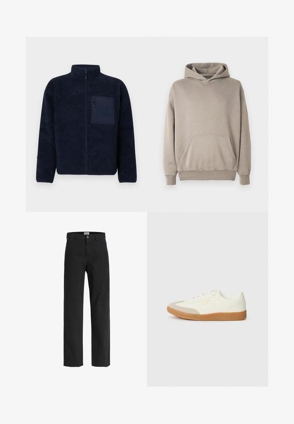 Veste en polaire bleu marine avec fermeture éclair, col montant et poche poitrine zippée ornée du logo GAP embossé.; Sweat-shirt à capuche de couleur beige clair avec une poche kangourou, des poignets et un ourlet côtelés. Fabriqué en tissu doux et texturé.; Pantalon noir à jambes droites avec passants pour ceinture, fermeture à bouton sur le devant, fermeture éclair, ainsi que poches avant et arrière.; Baskets en cuir blanc avec une coque beige et une semelle en caoutchouc marron clair. Dotées de lacets blancs plats et d'un logo embossé sur le côté.