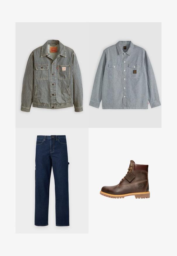 Stribet denimjakke med lukning foran med knapper, to brystlommer og et Levi's mærke. Har en klassisk krave og opsmøgede ærmer.; Langærmet skjorte med knapper og tynde lodrette sorte og hvide striber, to forlommer med klapper og et lille sort mærke på højre lomme.; Mørkeblå denim cargobukser med lige ben, sidelommer og kontrastsyning. Har knaplukning og bæltestropper.; Brun læder ankelstøvle med rund tå, solid sål, hardware i guldtone og en tekstureret overdel. Inkluderer et logo-tagfæstet.