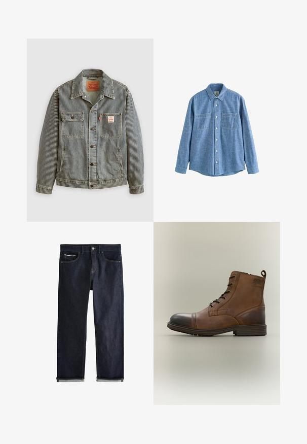Stribet denimjakke med lukning foran med knapper, to brystlommer og et Levi's mærke. Har en klassisk krave og opsmøgede ærmer.; Langærmet blå chambray-skjorte med knaplukning foran og to brystlommer, lagt fladt på en hvid baggrund.; Mørkeblå denimjeans med en klassisk lige pasform, der har fem lommer, knaplukning og op rullede manchetter, som viser en lys blå foring.; Brun læderstøvle med snørebånd, sort tåhætte, rund sål og mærket detalje på siden mod ensfarvet baggrund.