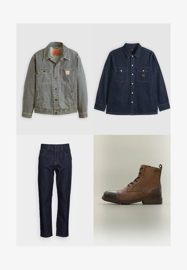 Veste en denim rayée avec une fermeture à boutons sur le devant, deux poches poitrine et une étiquette Levi's. Elle possède un col classique et des manches retroussées.; Chemise en jean bleu foncé à manches longues avec fermeture boutonnée au devant, deux poches poitrine avec rabats boutonnés, et coutures blanches visibles.; Jeans en denim bleu foncé avec une coupe droite, cinq poches et des coutures jaunes contrastées. Conçus avec une fermeture classique à bouton et à glissière.; Botte cheville en cuir marron à lacets avec bout noir, semelle ronde et détail de marque sur le côté sur fond uni.
