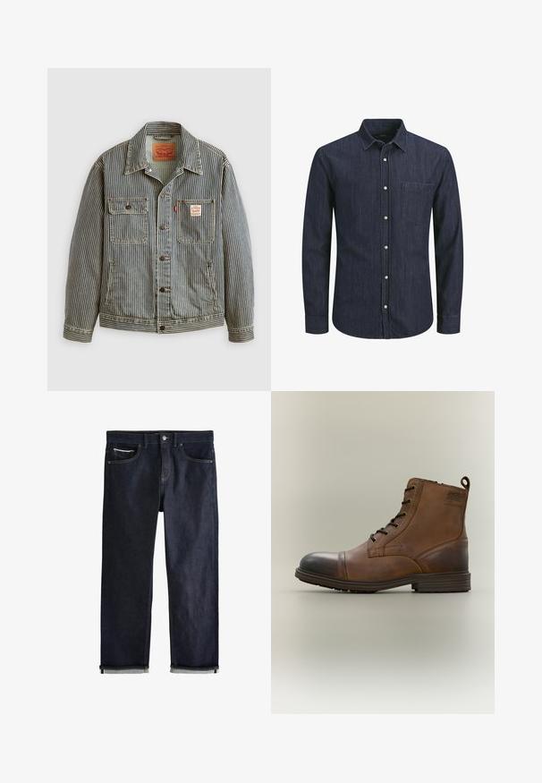 Stribet denimjakke med lukning foran med knapper, to brystlommer og et Levi's mærke. Har en klassisk krave og opsmøgede ærmer.; Denimskjorte i mørkeblå med lange ærmer, krave med knapper, forlommer og hvide knapper. Struktureret stof med vandrette linjer.; Mørkeblå denimjeans med opsmøgede manchetter, knap- og lynlåslukning, for- og møntlommer samt kontrastsyning på hvid baggrund.; Brun læderstøvle med snørebånd, sort tåhætte, rund sål og mærket detalje på siden mod ensfarvet baggrund.