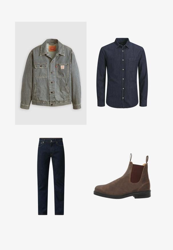 Stribet denimjakke med lukning foran med knapper, to brystlommer og et Levi's mærke. Har en klassisk krave og opsmøgede ærmer.; Denimskjorte i mørkeblå med lange ærmer, krave med knapper, forlommer og hvide knapper. Struktureret stof med vandrette linjer.; Mørkeblå denimjeans med lige pasform. Har oransje syninger, fem-lommes design og knaplukning i taljen.; Brune læder ankelstøvle med elastiske sidelapper, rund tå og sort gummisål. Subtile tekstur- og syningsdetaljer.