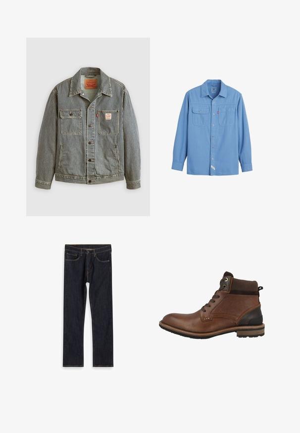 Stribet denimjakke med lukning foran med knapper, to brystlommer og et Levi's mærke. Har en klassisk krave og opsmøgede ærmer.; Lyseblå langærmet skjorte med knapper, to brystlommer, krave og synlige syningsdetaljer.; Mørkeblå lige ben denim jeans med forlommer, bæltestropper og kontrast orange syninger, lagt fladt på hvid baggrund.; Brune læder ankelstøvler med tekstureret finish, snørebåndsdesign, kontrasterende brun overdel, sort hæl og tre dekorative stjerner på siden.
