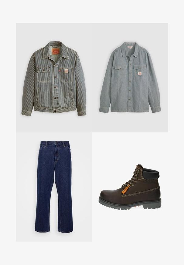 Gestreepte denimjacket met een frontsluiting met knopen, twee borstzakken en een Levi's-label. Beschikt over een klassieke kraag en opgerolde mouwen.; Gestreepte overhemden in blauw en wit, met een kraag, twee borstzakken en een klein label. Gemaakt van lichtgewicht stof.; Donkerblauwe denim jeans met een recht-uitlopende pasvorm, voorzien van een knoopsluiting, vijf zakken en subtiele stikseldetails.; Bruine leren enkellaars met een grijze rubberen zool, oranje accentlabel en metalen oogjes. Kenmerken zijn contrasterende stiksels en een gevoerd kraagje.
