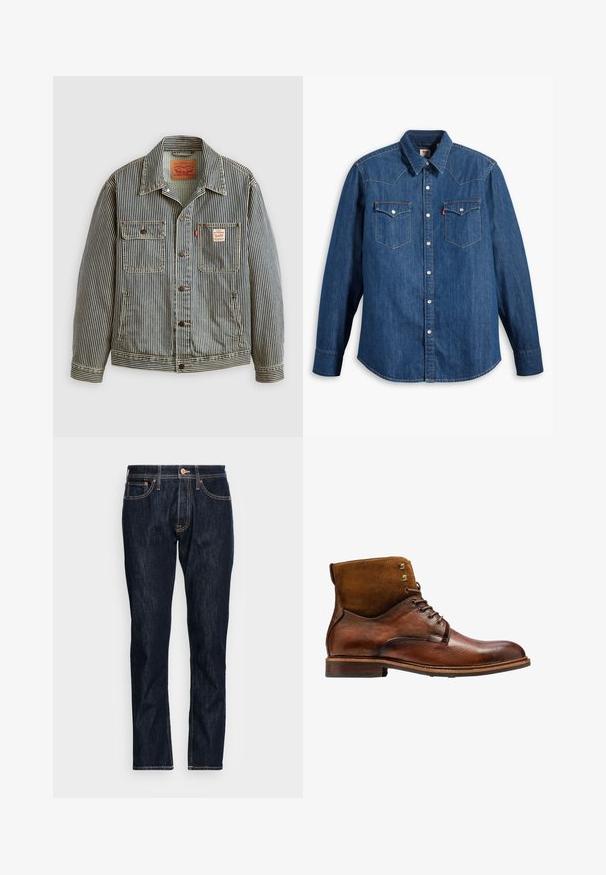 Stribet denimjakke med lukning foran med knapper, to brystlommer og et Levi's mærke. Har en klassisk krave og opsmøgede ærmer.; Denim skjorte i mørkeblå med lange ærmer, spids krave og trykknapper. Har to brystlommer med klapper og kontrastsying.; Mørkeblå denim jeans med lige snit. Funktioner inkluderer to forlommer, knaplukning og kontrasterende orange sømdetaljer.; Kazar ALID - Snørestøvletter - brown
