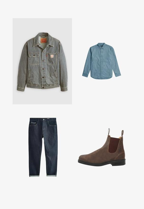 Gestreepte denimjacket met een frontsluiting met knopen, twee borstzakken en een Levi's-label. Beschikt over een klassieke kraag en opgerolde mouwen.; Lichtblauwe denimikker met een button-down kraag, lange mouwen en een gebogen zoom. Heeft een subtiele textuur en een standaard knopenlijst.; Donkere denim jeans met een rechte pijp, voorzien van een knoopsluiting, twee voorzakken en opgerolde boorden. Soepele textuur, minimale stiksels.; Bruine leren enkellaars met elastische zijpanelen, ronde neus en zwarte rubberen zool. Subtiele textuur en stiksels.