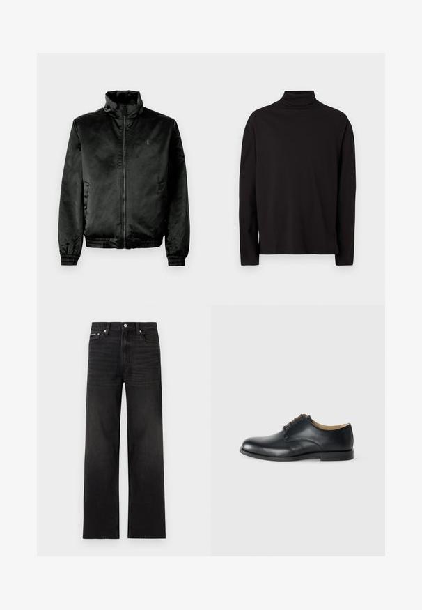 Must mustrõng, läikivast kangast must bomber-jakk, millel on kõrge krae, lukuga eesmine osa ning elastsed varruka- ja alumised ääred. Minimalistlik bränding rinnal.; Mustas turtleneck pikkade varrukatega topp, mis on valmistatud pehmest ja siledast kangast, millel on lõdva istuvus ja nähtamatud mustrid või aktsendid.; Mustad sirgete sääreosadega teksad, millel on viie tasku disain, vööaasad ja nööpidega kinnitamine, valgel taustal.; Calvin Klein ESS DERBY - Paeltega jalanõud - triple black