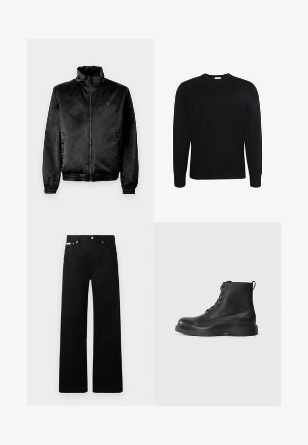 Schwarze Bomberjacke aus glattem, glänzendem Stoff mit hohem Kragen, Reißverschluss vorne und elastischen Bündchen und Saum. Minimale Markenkennzeichnung auf der Brust.; Schwarzer Pullover mit langen Ärmeln und Rundhalsausschnitt, aus dezent strukturiertem Stoff mit kleinem gesticktem Logo auf der linken Brust.; Schwarze Denim-Hose im weiten Bein-Design mit fünf Taschen und metallenen Knopfdetails. Glatte Textur, ohne sichtbare Muster.; Schwarze Knöchelstiefel aus strukturiertem Leder mit runder Spitze, Schnürdesign und einer robusten schwarzen Gummisohle. Verfügt über eine Schlaufe an der Ferse.