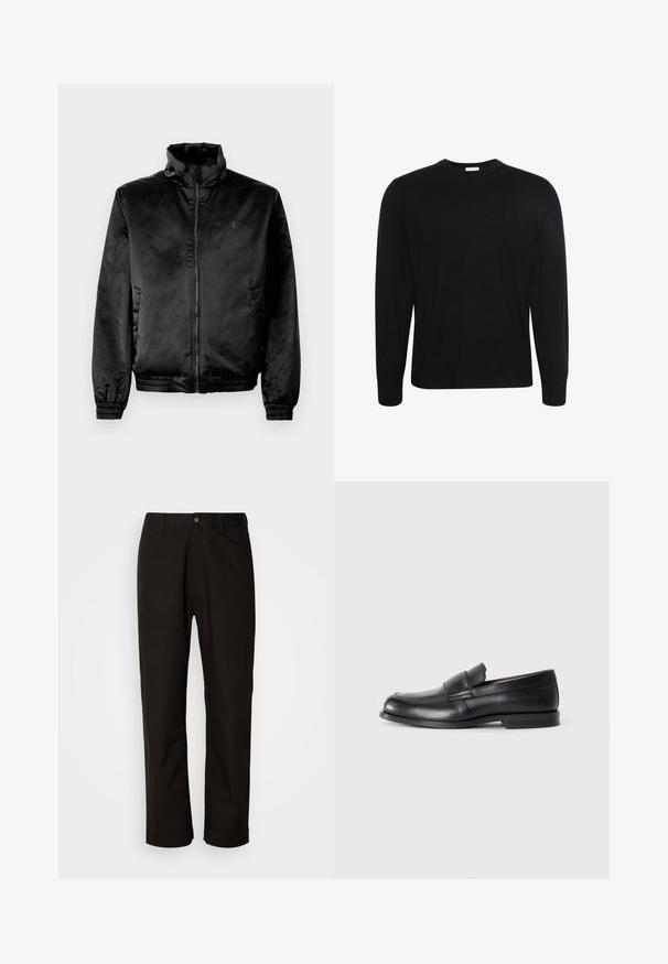 Schwarze Bomberjacke aus glattem, glänzendem Stoff mit hohem Kragen, Reißverschluss vorne und elastischen Bündchen und Saum. Minimale Markenkennzeichnung auf der Brust.; Schwarzer Pullover mit langen Ärmeln und Rundhalsausschnitt, aus dezent strukturiertem Stoff mit kleinem gesticktem Logo auf der linken Brust.; Schwarze Baumwollhosen mit geradem Schnitt, Gürtelschlaufen, einem Reißverschluss vorne und einem einzelnen Knopfverschluss. Glatte Textur ohne sichtbare Muster.; Schwarze Leder-Loeffler mit abgerundetem Zehenbereich, gesteppten Details und einer flachen Gummisohle. Verfügt über ein breites Band über dem Fußrücken.