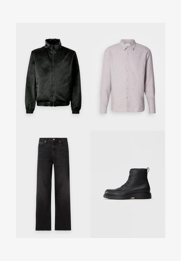 Schwarze Bomberjacke aus glattem, glänzendem Stoff mit hohem Kragen, Reißverschluss vorne und elastischen Bündchen und Saum. Minimale Markenkennzeichnung auf der Brust.; Helles graues Leinenhemd mit Kragen, langen Ärmeln und durchgehender Knopfleiste. Es weist eine dezente Textur und perlmuttartige Knöpfe entlang der Blende auf.; Schwarze Jeans mit geraden Beinen, fünf Taschen, Gürtelschlaufen und Knopfverschluss, auf weißem Hintergrund dargestellt.; Schwarze strukturierte Leder-Schnürstiefelette mit dicker Sohle und Zuglasche hinten, Seitenansicht.