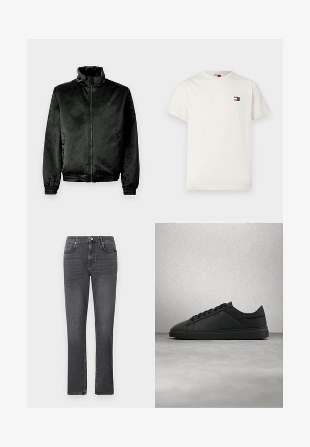 Schwarze Bomberjacke aus glattem, glänzendem Stoff mit hohem Kragen, Reißverschluss vorne und elastischen Bündchen und Saum. Minimale Markenkennzeichnung auf der Brust.; Kurzarm, cremefarbenes T-Shirt aus weichem Material. Verfügt über ein kleines, mehrfarbiges Logo auf der linken Brust. Klassischer Rundhalsausschnitt.; Graue Denim-Jeans mit geradem Bein, fünf Taschenstil und dezenten Stichdetails. Der Stoff hat eine glatte Textur.; Schwarzer flacher Ledersneaker mit Schnürsenkeln und "BOSS"-Logo, schwebend über einem glatten Betonboden in der Nähe von Glasbausteinen.