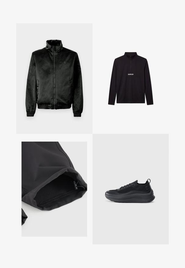 Schwarze Bomberjacke aus glattem, glänzendem Stoff mit hohem Kragen, Reißverschluss vorne und elastischen Bündchen und Saum. Minimale Markenkennzeichnung auf der Brust.; Schwarzer Langarm-Pullover von Calvin Klein mit Viertel-Reißverschluss und weißem Logo auf der Brust.; Schwarze Stoffhülse mit elastischem Bündchen, verfügt über eine glatte Textur und einen subtilen Glanz. Verstellbarer Kordelzug am Öffnungsrand für eine optimale Passform.; Schwarzer Sportschuh mit einem Obermaterial aus Mesh, strukturierten Akzenten und einer dicken Gummisohle. Verfügt über eine Zuglasche an der Ferse und ein Schnürdesign.