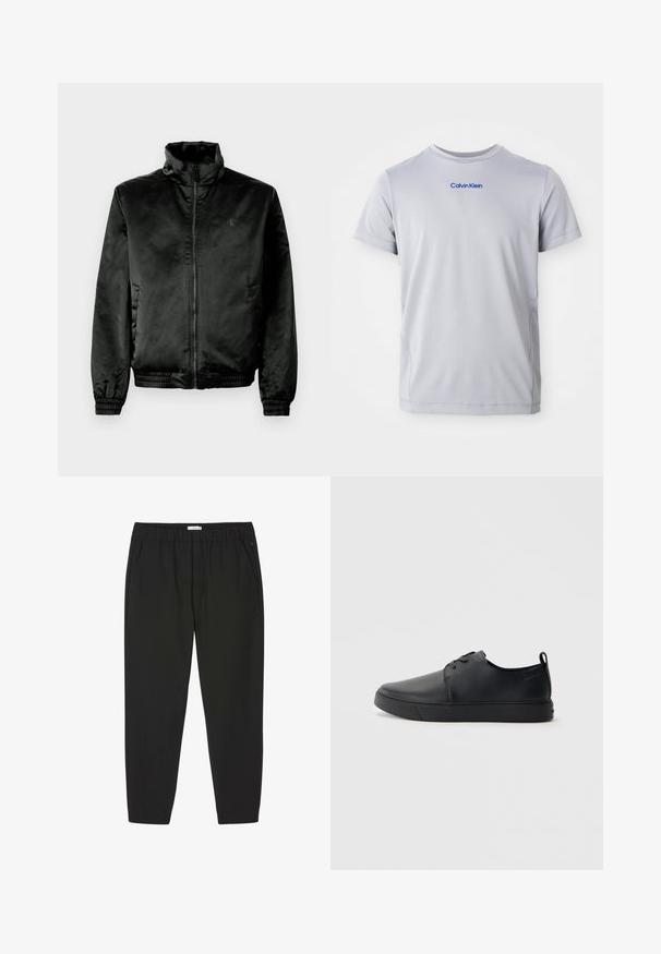 Sort bomberjakke lavet af glat, shiny stof med høj krave, lynlås foran og elastiske manchetter og kant. Minimal branding på brystet.; Lys grå kortærmet t-shirt lavet af tekstureret stof, med et blåt "Calvin Klein" logo tværs over brystet. Rund halsudskæring, normal pasform.; Sorte bukser med elastisk talje, lige ben og sidelommer, designet til afslappet eller professionel brug.; Sorte lædersneakers med en glat finish, rund tå, tonalt syning, snøring foran og en flad gummisål. Løkke ved hælen.