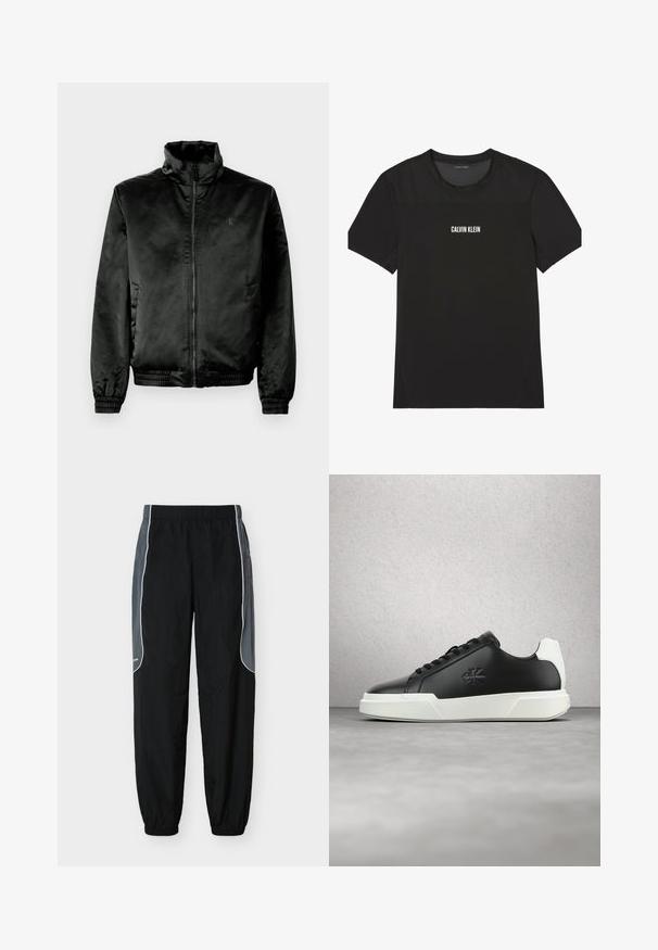 Sort bomberjakke lavet af glat, shiny stof med høj krave, lynlås foran og elastiske manchetter og kant. Minimal branding på brystet.; Sort kortærmet atletisk T-shirt med mesh øverst på bryst og skuldre, med "Calvin Klein" logo centreret på fronten.; Sorte træningsbukser med mørkegrå sidelommer og hvid piping, elastisk talje og benafslutninger, vist mod en hvid baggrund.; Sort lædersneaker med rund tå, hvid gummisål og sorte snørebånd. Har en logo på siden og en kontrasterende hvid hælaccent.