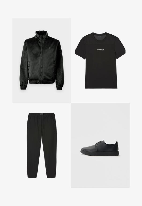 Sort bomberjakke lavet af glat, shiny stof med høj krave, lynlås foran og elastiske manchetter og kant. Minimal branding på brystet.; Sort kortærmet atletisk T-shirt med mesh øverst på bryst og skuldre, med "Calvin Klein" logo centreret på fronten.; Sorte bukser med elastisk talje, lige ben og sidelommer, designet til afslappet eller professionel brug.; Sorte lædersneakers med en glat finish, rund tå, tonalt syning, snøring foran og en flad gummisål. Løkke ved hælen.