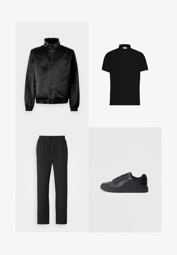 Schwarze Bomberjacke aus glattem, glänzendem Stoff mit hohem Kragen, Reißverschluss vorne und elastischen Bündchen und Saum. Minimale Markenkennzeichnung auf der Brust.; Schwarzes Polo mit kurzen Ärmeln, zwei Knöpfen und einem Kragen, mit kleinem Logo auf der Brust.; Schwarze Jogginghosen aus leichtem Stoff, mit einem elastischen Bund und verstellbaren Kordeln sowie Seitentaschen. Glatte Textur.; Schwarze Ledersneaker mit Schnürdesign, Gummisohle und geprägtem Logo an der Seite, mit einer glatten Textur und minimalistischem Stil.
