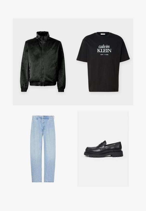 Zwarte bomberjack gemaakt van glad, glanzend materiaal met een hoge kraag, ritssluiting aan de voorkant en elastische boorden en zoom. Minimaal merklogo op de borst.; Zwart kortärmelig t-shirt met "calvin KLEIN" en "NEW YORK" in het wit gedrukt op het midden van de voorkant.; Lichtblauwe jeans met hoge taille en rechte pijpen, voorzien van knoop- en ritssluiting, riemlussen en zijzakken, plat uitgespreid op een witte achtergrond.; Zwarte leren loafer met dikke geribbelde zool en pennyriemdetail, getoond in rechter zijprofiel op witte achtergrond.