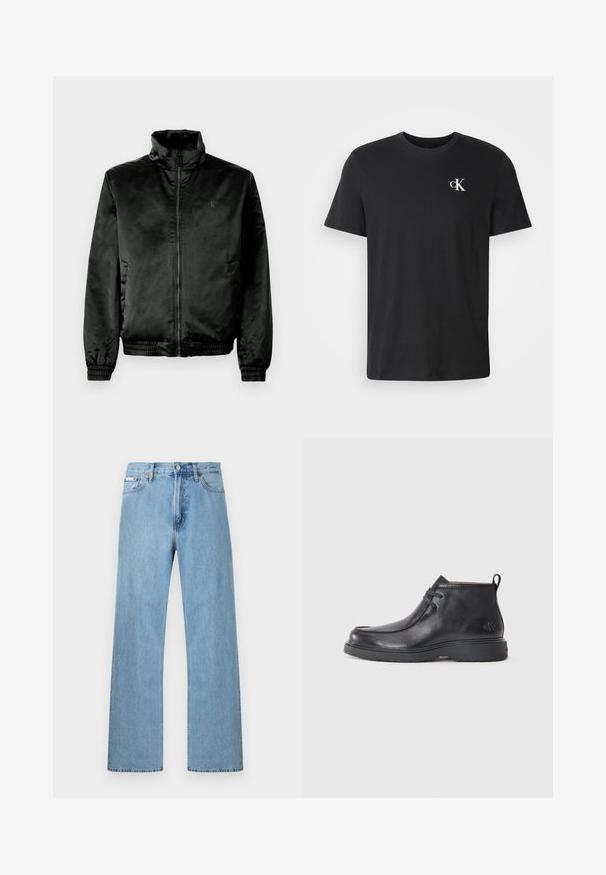 Schwarze Bomberjacke aus glattem, glänzendem Stoff mit hohem Kragen, Reißverschluss vorne und elastischen Bündchen und Saum. Minimale Markenkennzeichnung auf der Brust.; Schwarzes T-Shirt mit kurzen Ärmeln und Rundhalsausschnitt, mit kleinem weißem "cK"-Logo auf der oberen linken Brust.; Hellblaue gerade geschnittene Jeans im Five-Pocket-Design mit Knopfverschluss an der Taille, präsentiert vor einem schlichten Hintergrund.; Schwarze Leder-Stiefel bis zur Knöchel mit runder Zehenform, Schnürdesign und einer Ziehlasche auf der Rückseite. Strukturiertes Obermaterial und Gummisohle.