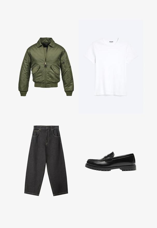 Olivovozelená bomber bunda, nylónový materiál, zips, pružné manžety a spodný lem, dve predné vrecká a nášivkové vrecko na rukáve.; Jednoduché biele tričko s krátkym rukávom a okrúhlym výstrihom s viditeľnou značkou WEEKDAY na golieri, zobrazené na svetlom pozadí.; Čierne deninové nohavice s širokými nohavicami a žltým prešívaním, s dizajnom na päť vreciek a stredne vysokým pásom. Textúrovaná tkanina s hladkým povrchom.; Čierna kožená mokasína s robustnou gumovou podrážkou a klasickým pásikom na penny, zobrazená z vonkajšej strany.