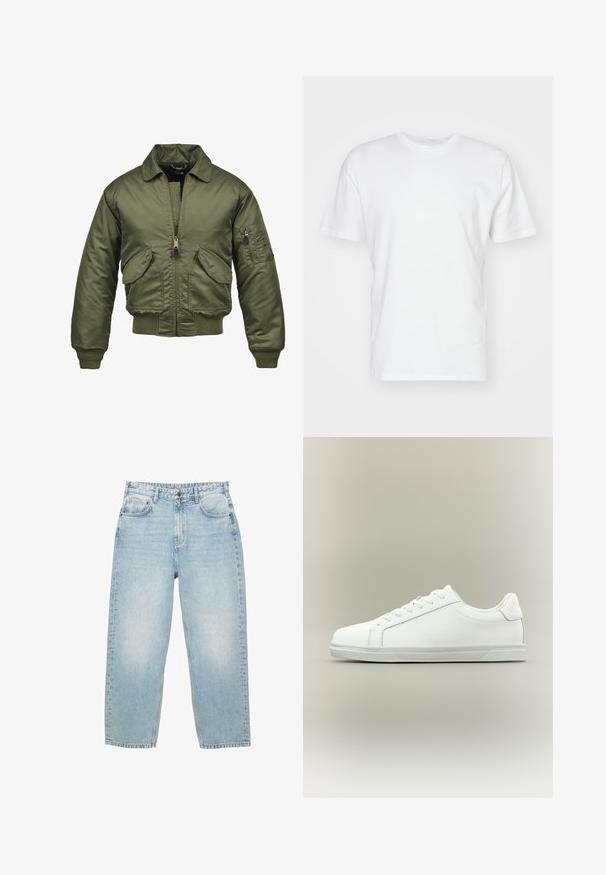 Olivovozelená bomber bunda, nylónový materiál, zips, pružné manžety a spodný lem, dve predné vrecká a nášivkové vrecko na rukáve.; Biela bavlnená tričko s krátkymi rukávmi, okrúhlym výstrihom a hladkou textúrou. Jednoduchý dizajn bez vzorov alebo grafiky.; Svetlomodré džínsy s vysokým pásom, rovný strih nohavíc, predné a zadné vrecká a gombíkový uzáver s viditeľným šitím.; Nízke biele tenisky so šnurovaním vpredu a textúrovanou gumovou podrážkou na jednoduchom neutrálnom pozadí.