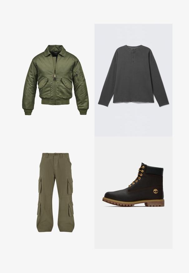 Olivovozelená bomber bunda, nylónový materiál, zips, pružné manžety a spodný lem, dve predné vrecká a nášivkové vrecko na rukáve.; Tmavosivá dlhá košeľa Henley s okrúhlym výstrihom a tromi gombíkmi na prednej lége.; Cargo nohavice v olivovo zelenej farbe. Vyrobené z bavlny, s viacerými bočnými vreckami, rovný strih a viditeľný šev.; Čierne kožené členkové topánky so zlatými očkami, hnedými akcentmi a gumovou podrážkou. Majú polstrovaný golier a embosované logo na boku.