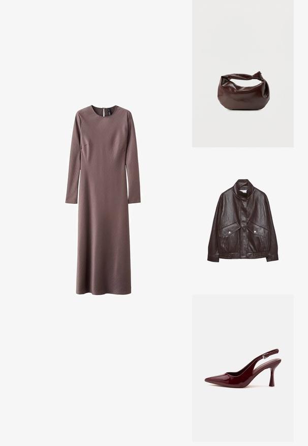 Brun læderjakke med højt krave, to store forlommer, trykknapdetaljer og elastisk talje. Tekstureret, mat finish.; Langærmet, mauve-brun midi-kjole med rund halsudskæring, tilpasset talje og glat tekstureret stof, der ligger fladt mod hvid baggrund.; Skinnende mørkerød spids tå slingback højhælet sko med en tynd justerbar rem og spids stilethæl på hvid baggrund.; Mørkebrun læder skuldertaske med en blød, afslappet form og et snoet knudehåndtag på en ensartet hvid baggrund.