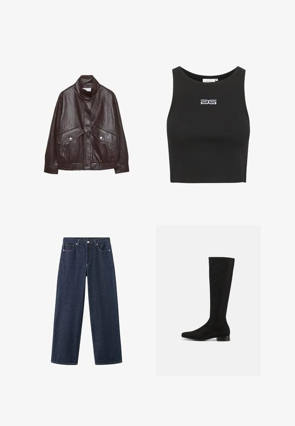 Brun læderjakke med højt krave, to store forlommer, trykknapdetaljer og elastisk talje. Tekstureret, mat finish.; Sort, ribbet crop top med høj hals og logo broderet i hvid. Har et tætsiddende design og en glat tekstur.; Mørkeblå vidde-ben denimjeans med fem lommer, knaplukning og bæltestropper, vist fladt på en hvid baggrund.; Sorte knæhøje støvler lavet af glat stof med et elegant design, spidse tåer og en lav blokhælhæl. Ingen synlige metaldele eller accenter.