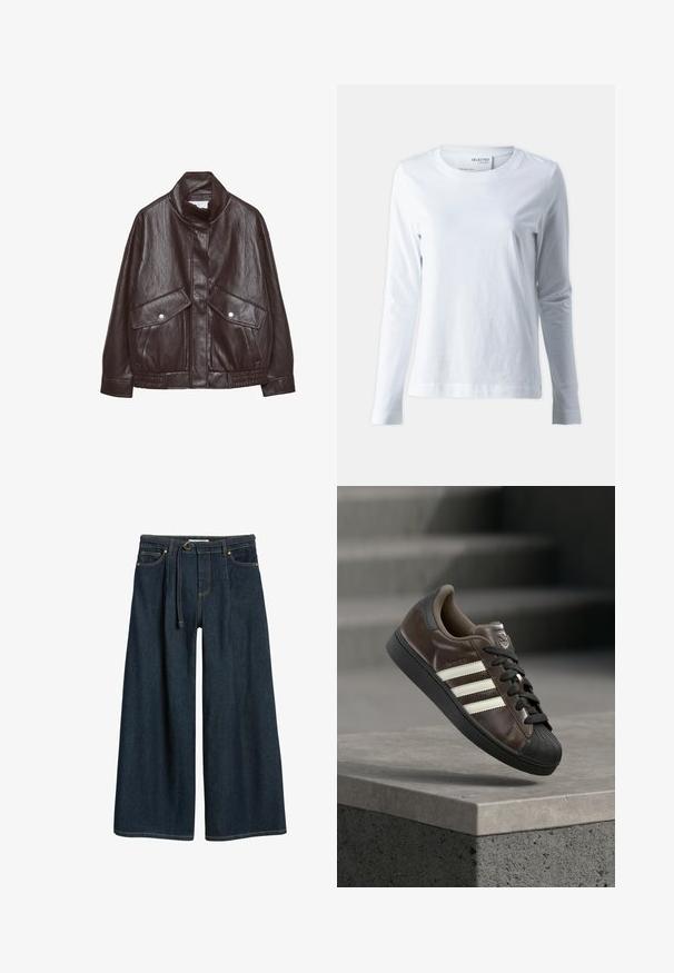 Brun læderjakke med højt krave, to store forlommer, trykknapdetaljer og elastisk talje. Tekstureret, mat finish.; Hvid langærmet t-shirt lavet af blødt bomuld. Har en rund halsudskæring og tætsiddende ærmer. Glat tekstur med et enkelt design.; Mørkeblå denim bukser med vide ben og høj talje, der har et bælte-design, to forlommer og gyldne stikninger.; Brun lædersneaker med sort gummisål, hvidt design med tre striber, tekstureret tåhætter og sorte snørebånd, sat mod en grå baggrund.
