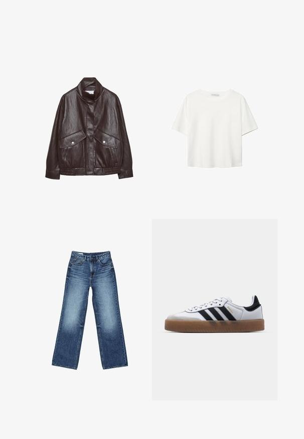 Veste en cuir marron avec un col haut, deux grandes poches avant, des accents de boutons-pression et une taille élastiquée. Fini texturé et mat.; T-shirt blanc à manches courtes en coton. Doté d'un col ras du cou et d'une coupe décontractée. Texture lisse sans motifs ni accents visibles.; Jean en denim bleu avec une taille haute, une fermeture à boutons et glissière à l'avant, des poches avant et arrière, et un lavage légèrement délavé.; Baskets en cuir blanc avec des rayures noires, semelle extérieure en caoutchouc beige, bout rond, fermeture lacée et embout en suède gris doux.