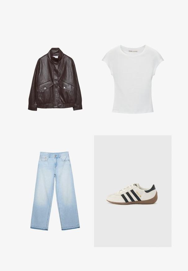 Veste en cuir marron avec un col haut, deux grandes poches avant, des accents de boutons-pression et une taille élastiquée. Fini texturé et mat.; T-shirt en coton blanc avec manches courtes retroussées, encolure ronde et ourlet droit. Texture lisse sans motifs ni accents visibles.; Jean denim bleu clair à jambes larges avec bouton avant, fermeture éclair et style cinq poches, posé à plat sur fond blanc.; Baskets blanches Adidas avec des rayures noires, une semelle texturée marron, et le lettrage doré "SPEZIAL" sur le côté, vues du côté extérieur.