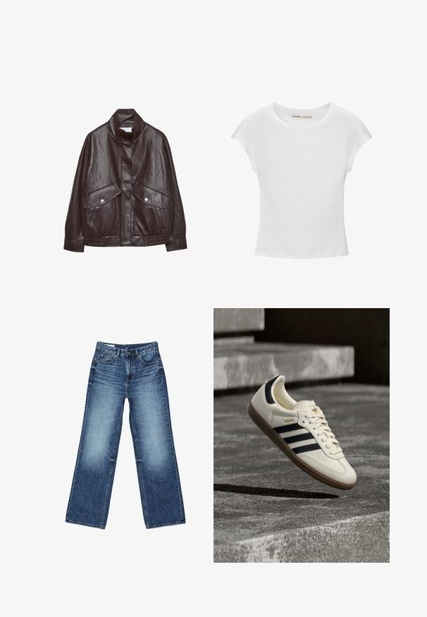Brun læderjakke med højt krave, to store forlommer, trykknapdetaljer og elastisk talje. Tekstureret, mat finish.; Hvid bomuld t-shirt med korte, opsmøgede ærmer, rund halsudskæring og lige kant. Glat tekstur uden synlige mønstre eller detaljer.; Blå vidtsiddende jeans i denim med forlommer og møntlomme foran, knaplukning og falmet vask på lår og knæ.; Hvid Adidas Samba sneaker med sorte striber og gummsål, svævende over teksturerede grå betonstrin.