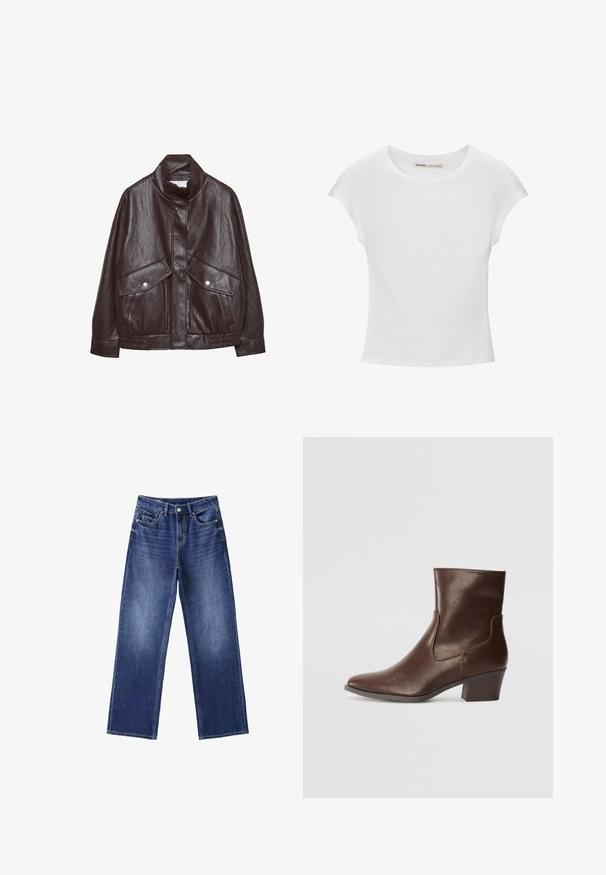 Brun læderjakke med højt krave, to store forlommer, trykknapdetaljer og elastisk talje. Tekstureret, mat finish.; Hvid bomuld t-shirt med korte, opsmøgede ærmer, rund halsudskæring og lige kant. Glat tekstur uden synlige mønstre eller detaljer.; Blå denim jeans med lige ben, for- og baglommer, bæltestropper og knaplukning i taljen.; Brun læderankelstøvle med spids tå, mellemstor blokhæl og elastiske sider for nem påtagning. Glat tekstur og elegant design.