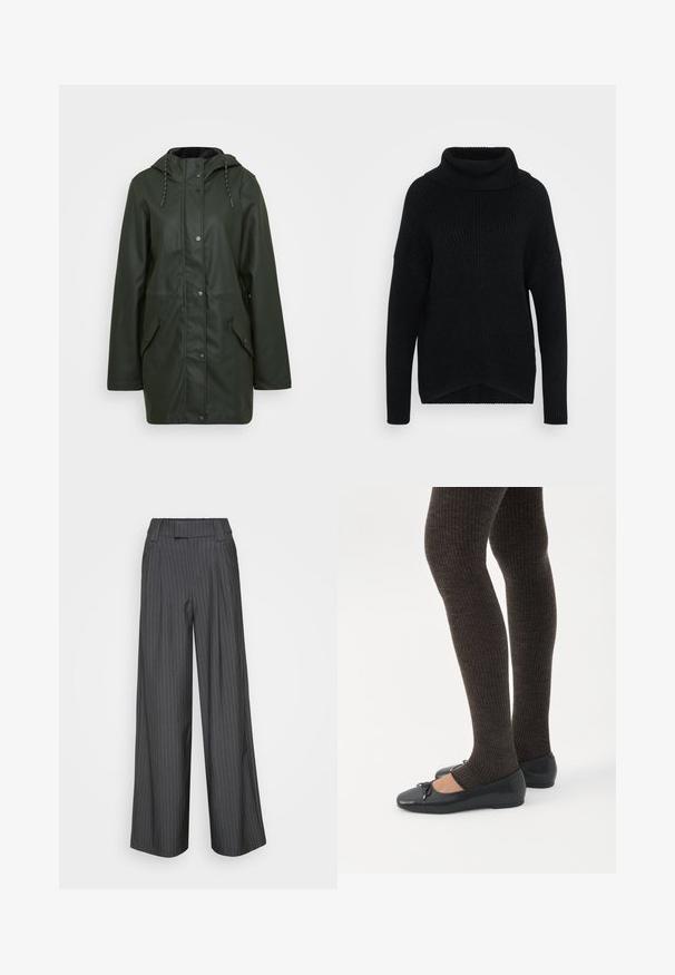 Vandafvisende grøn parka-jakke med hætte, trykknaplukning, to frontlommer og snoretræk. Glat tekstur.; Sort ribstrikket rullekravesweater med lange ærmer og sænkede skuldre, med en let længere bagkant, præsenteret på en ensfarvet hvid baggrund.; Grå stribede vidde bukser med flad front, bæltestropper og en struktureret stoffinish. Har en skræddersyet pasform og skarpe linjer.; Ben iført mørke ribbede leggings kombineret med sorte balletsko med små sløjfedetaljer på hvid baggrund.