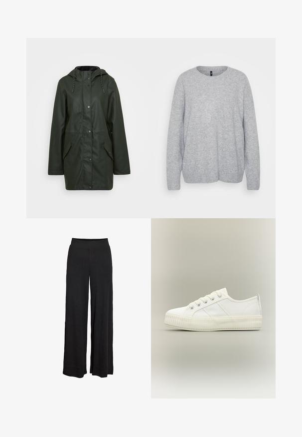 Parka verte résistant à l'eau avec capuche, fermeture à bouton-pression, deux poches avant et des accents à cordon de serrage. Texture lisse.; Pull gris clair en laine douce, avec un col rond, des manches longues et une finissage côtelée. Simple motif tricoté texturé sur l'ensemble.; Pantalon large noir à taille haute élastique avec une subtile texture côtelée, conçu pour une coupe ample et confortable.; Baskets basses blanches avec semelle épaisse côtelée, lacets à l'avant et languette à l'arrière sur fond neutre.