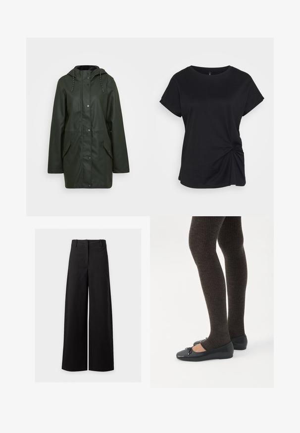 Vandafvisende grøn parka-jakke med hætte, trykknaplukning, to frontlommer og snoretræk. Glat tekstur.; Sort t-shirt lavet af bomuld, med rund halsudskæring, korte ærmer, og en snoet detalje på venstre side. Glat tekstur.; Sorte, høj-taljede, vide bukser med bæltestropper og skjult forside lukning på hvid baggrund.; Ben iført mørke ribbede leggings kombineret med sorte balletsko med små sløjfedetaljer på hvid baggrund.