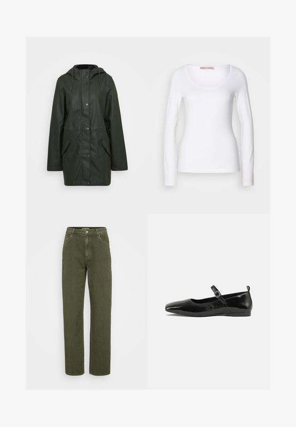 Vandafvisende grøn parka-jakke med hætte, trykknaplukning, to frontlommer og snoretræk. Glat tekstur.; Langærmet hvid bomulds T-shirt med rund halsudskæring og tætsiddende design, med glat tekstur og uden udsmykninger.; Olivengrønne denim jeans med høj talje, lige ben, fem lommer og metalknaplukning. Glat tekstur, afslappet stil.; Sorte patentlæder flade sko med spidse tæer, en ankelrem med spænde og en glat, blank tekstur. Lav hæl for komfort.