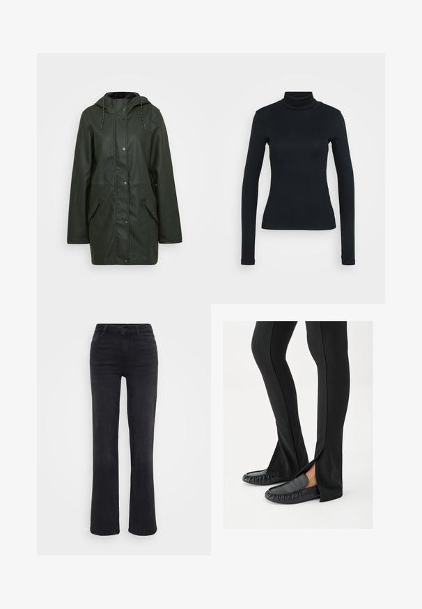 Vandafvisende grøn parka-jakke med hætte, trykknaplukning, to frontlommer og snoretræk. Glat tekstur.; Sort langærmet ribbestrikket sweater med høj hals og tætsiddende silhuet på en lys ensfarvet baggrund.; Sorte denimbukser med lige ben, der har en frontknaplukning, fem lommer og subtile stikninger.; Ben iført sorte flagrende bukser med sideslids, kombineret med sorte lædermoccasins på en hvid baggrund.