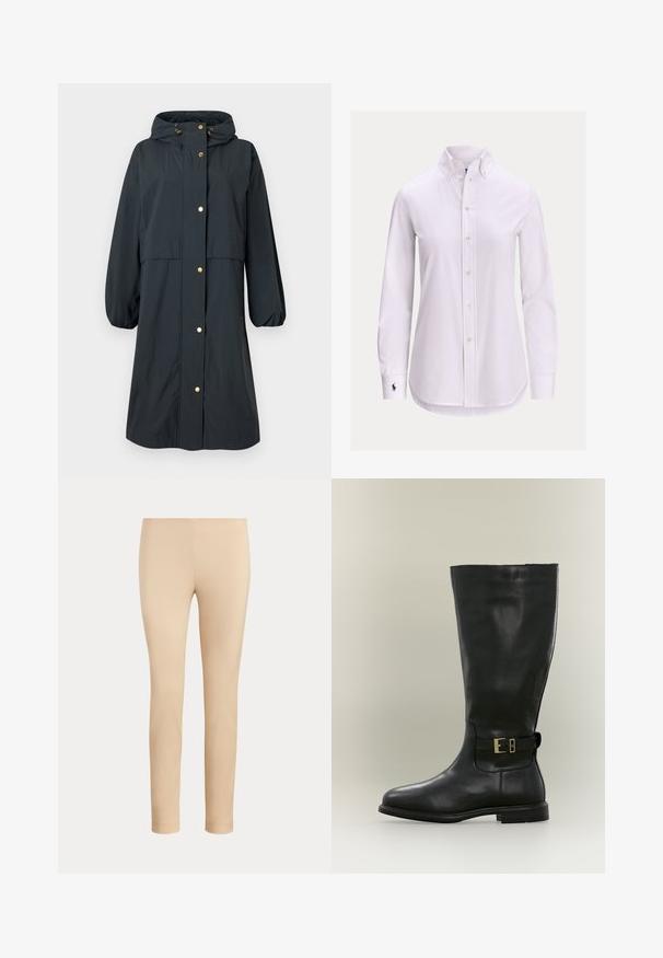 Imperméable bleu foncé avec capuche, poignets élastiques, fermetures à boutons dorés, coupe décontractée et design mi-long.; Chemise blanche à manches longues avec col boutonné et petit logo brodé sur le poignet gauche.; Pantalon beige slim fit longueur cheville avec une finition lisse, sans poches visibles ni ornements, sur un fond uni.; Botte haute en cuir noir avec un talon bas et une bride latérale à petite boucle dorée, présentée sur un fond neutre.