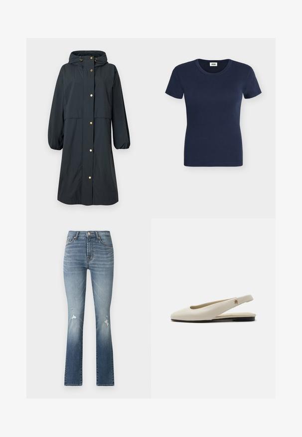 Imperméable bleu foncé avec capuche, poignets élastiques, fermetures à boutons dorés, coupe décontractée et design mi-long.; T-shirt côtelé en coton bleu marine à manches courtes, col rond et coupe ajustée.; Jean flare en denim bleu clair avec taille haute, comportant deux poches avant et des détails déchirés sur les cuisses.; Chaussure plate slingback en cuir couleur crème avec un bout arrondi et un petit emblème doré sur la bride.