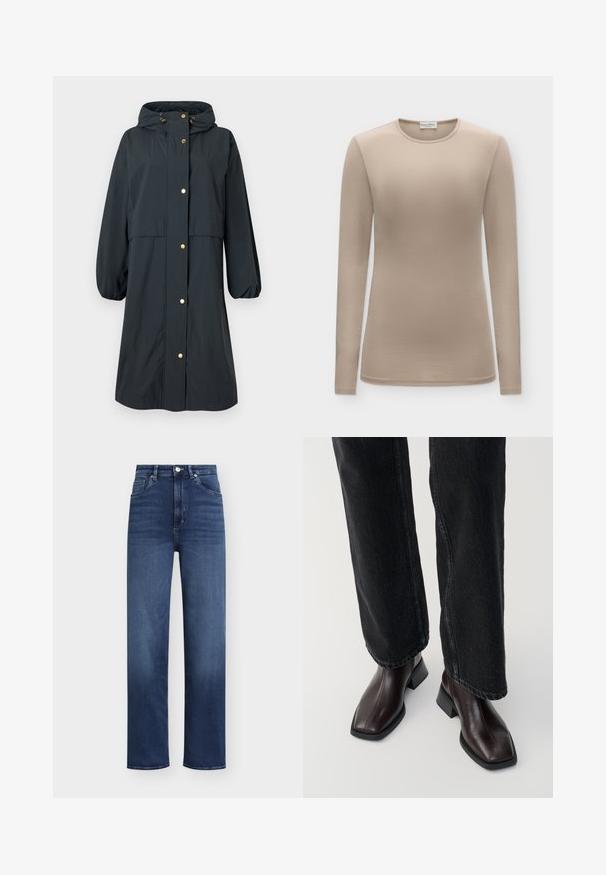 Imperméable bleu foncé avec capuche, poignets élastiques, fermetures à boutons dorés, coupe décontractée et design mi-long.; T-shirt beige à manches longues avec col rond, coupe slim et tissu lisse, présenté sur un fond uni.; Jean en denim bleu foncé avec taille haute, coupe droite et style classique à cinq poches. Doté d'une fermeture à bouton et à glissière.; Bottines en cuir marron avec un orteil carré et un talon carré, associées à un jeans noir à jambes larges. Texture lisse et design minimaliste.